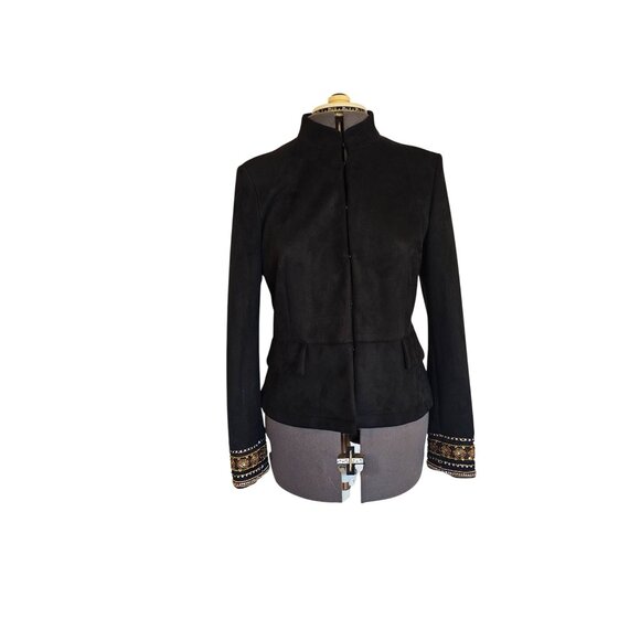 Zara Basic Black Faux Suede Jacket W/ Beaded Embellished Cuffs Hook & Eye Closur - Picture 1 of 13
